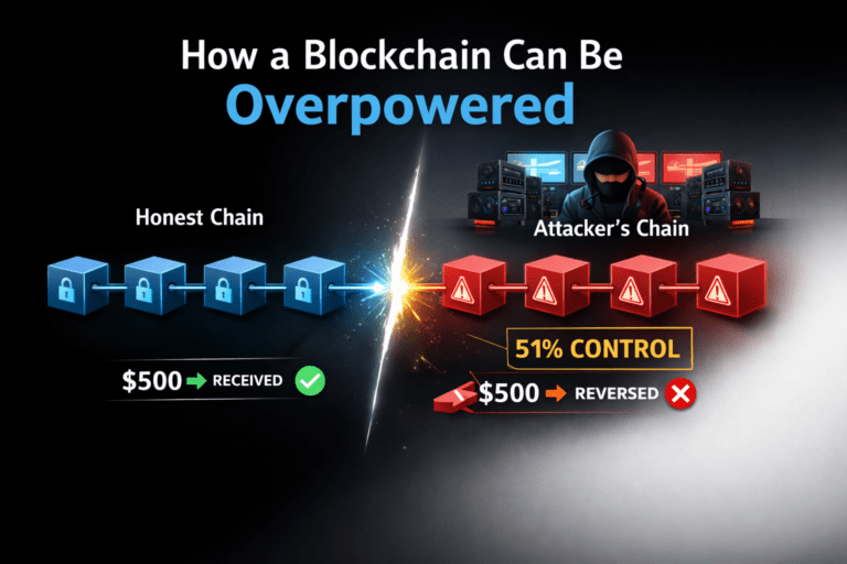 Illustration showing a 51% attack in blockchain where an attacker controls the network and reverses a transaction
