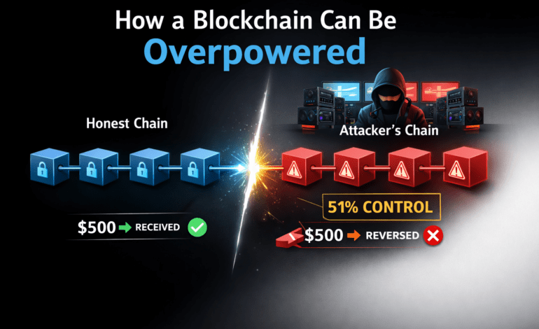 Illustration showing a 51% attack in blockchain where an attacker controls the network and reverses a transaction