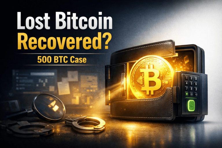 Illustration of a lost Bitcoin wallet being accessed after years, showing crypto recovery concept