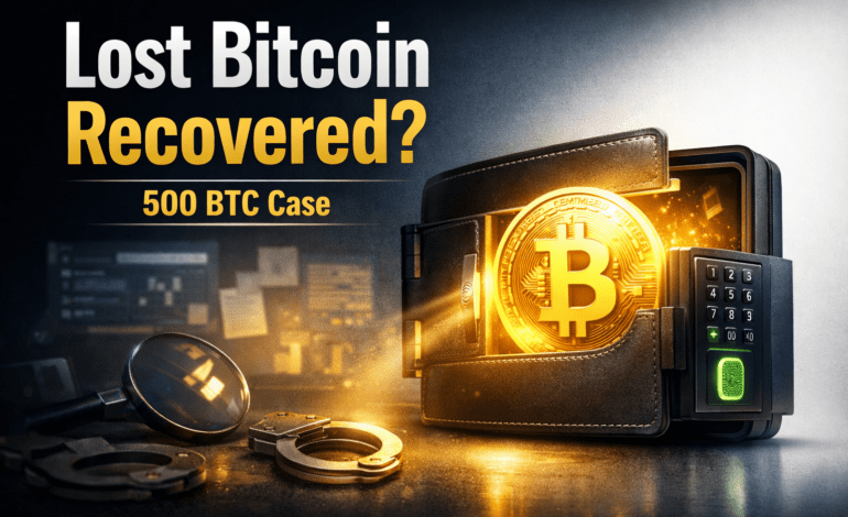 Illustration of a lost Bitcoin wallet being accessed after years, showing crypto recovery concept