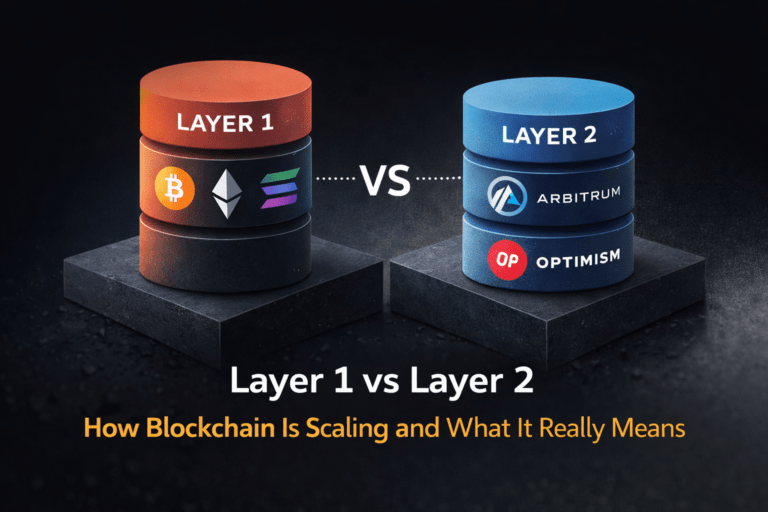 Layer 1 vs Layer 2 blockchain illustration showing base layer networks and scaling layers like rollups on gradient background