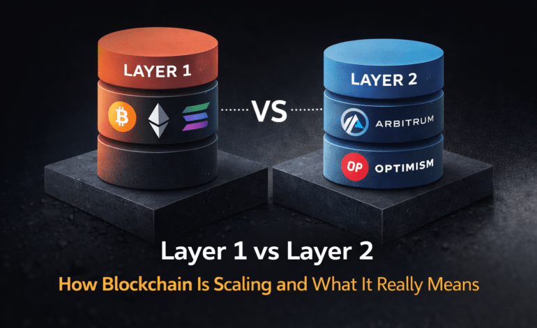 Layer 1 vs Layer 2 blockchain illustration showing base layer networks and scaling layers like rollups on gradient background