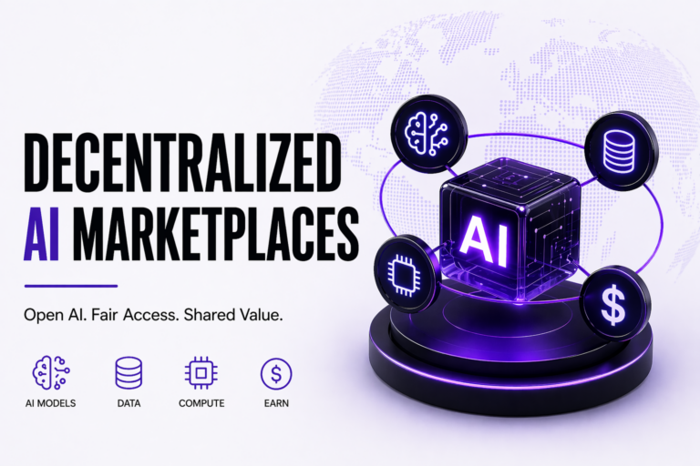 Decentralized AI marketplaces concept showing blockchain-powered AI, data, and compute sharing
