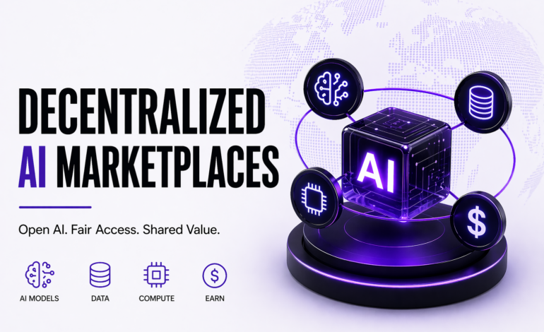 Decentralized AI marketplaces concept showing blockchain-powered AI, data, and compute sharing