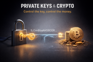 Illustration showing a private key controlling access to a crypto wallet and digital funds