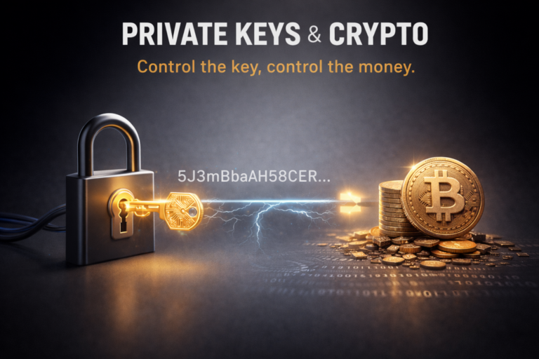 Illustration showing a private key controlling access to a crypto wallet and digital funds