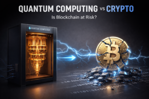 Illustration showing quantum computing threatening blockchain security and crypto encryption