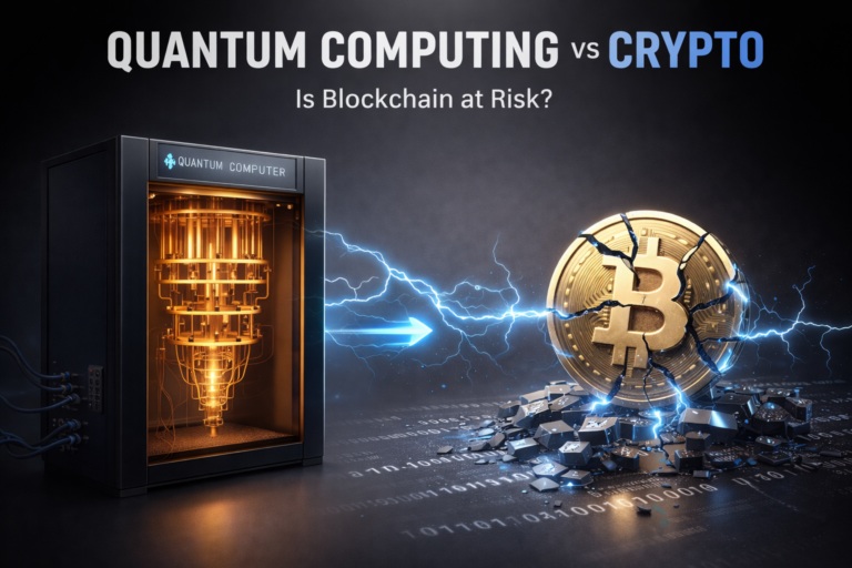 Illustration showing quantum computing threatening blockchain security and crypto encryption