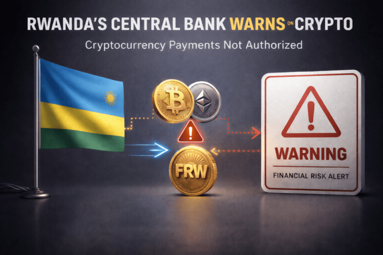 Illustration showing Rwanda restricting cryptocurrency use with central bank warning and financial control