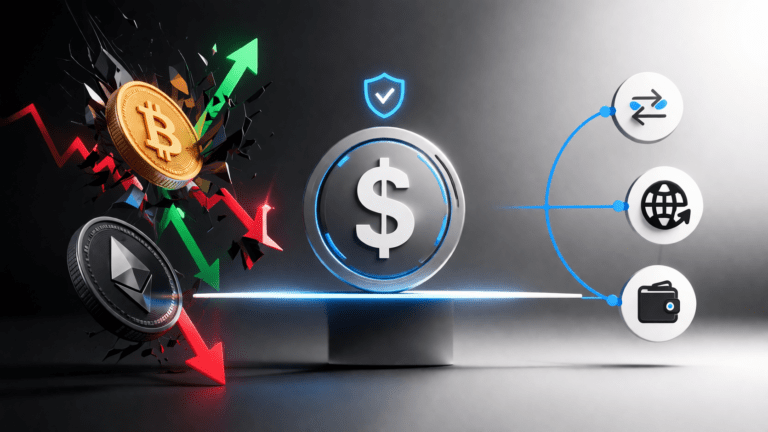 Illustration showing stablecoins maintaining a steady value while other cryptocurrencies fluctuate