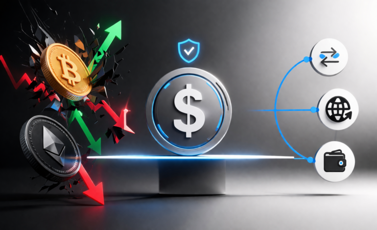 Illustration showing stablecoins maintaining a steady value while other cryptocurrencies fluctuate