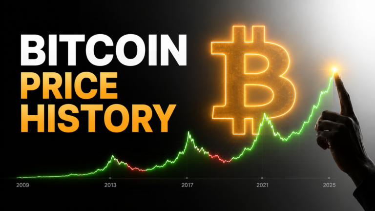 Bitcoin price history chart showing BTC growth from 2009 to 2025 with major bull and bear market cycles.