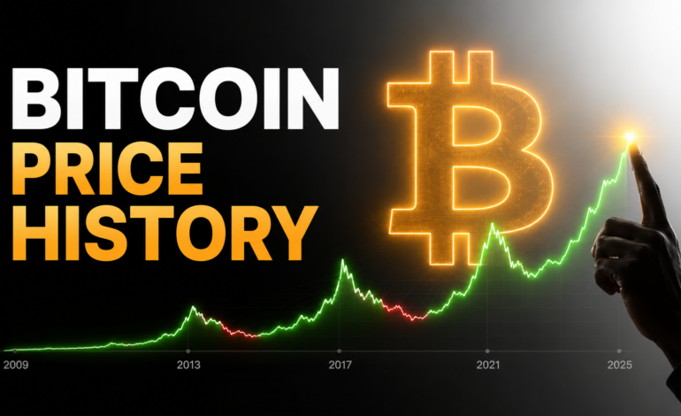 Bitcoin price history chart showing BTC growth from 2009 to 2025 with major bull and bear market cycles.