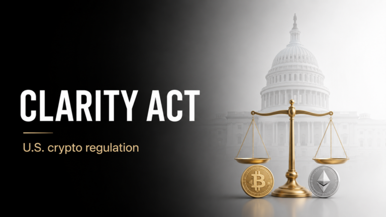 Minimalistic image showing the CLARITY Act, U.S. Capitol, a balance scale, Bitcoin, and Ethereum representing crypto regulation in the United States.