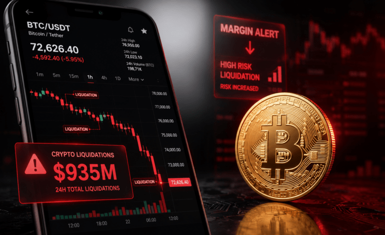 Crypto Liquidations Hit $935M as Bitcoin Drops to $72.6K