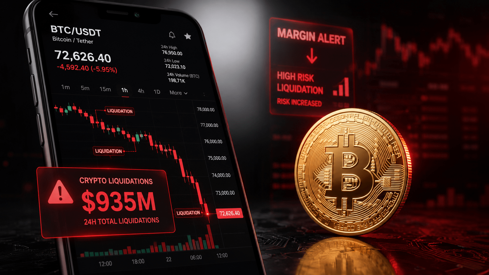 Crypto Liquidations Hit $935M as Bitcoin Drops to $72.6K