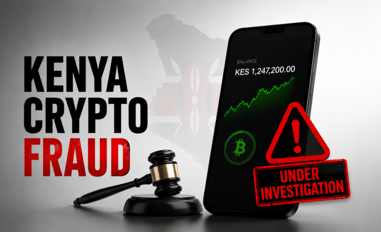 Kenya crypto fraud probe image showing a smartphone investment app, warning sign, and court gavel.