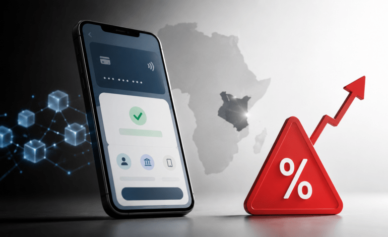 Kenya digital payments tax warning with smartphone, fintech symbols, and rising levy arrow