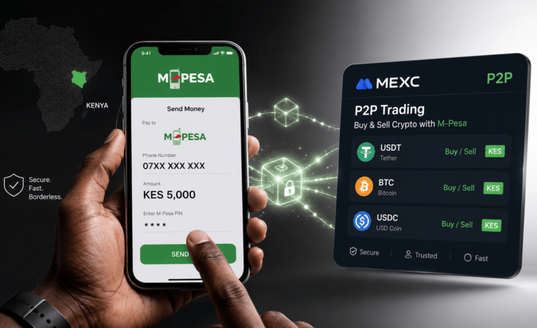 M-Pesa mobile money connected to MEXC P2P crypto trading with KES, USDT, BTC and blockchain payment rails in Kenya.