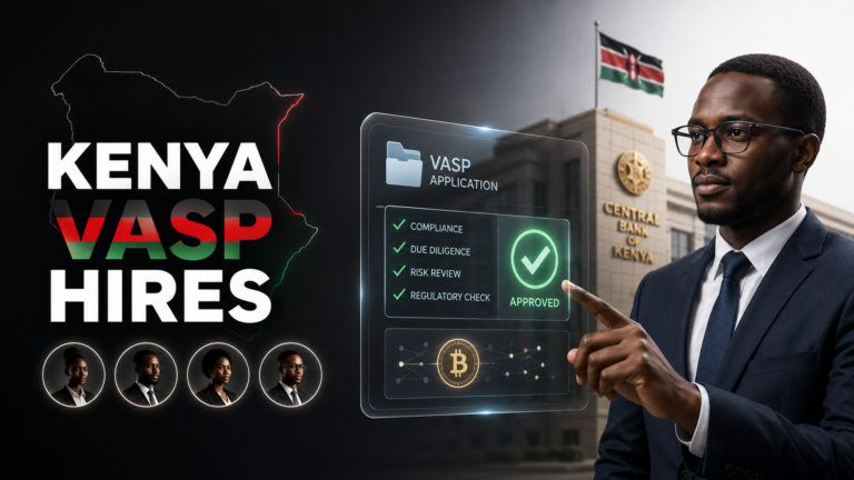 Kenya VASP hires image showing Central Bank crypto application review and compliance approval.