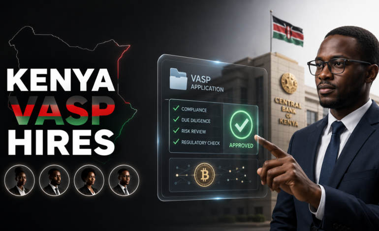 Kenya VASP hires image showing Central Bank crypto application review and compliance approval.