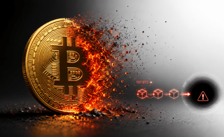 Gold Bitcoin coin burning into digital fragments after 107 BTC is sent to a burn address