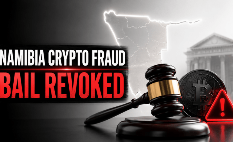 Namibia crypto fraud trial image showing a judge’s gavel, Bitcoin coin, warning sign, and bail revoked headline.