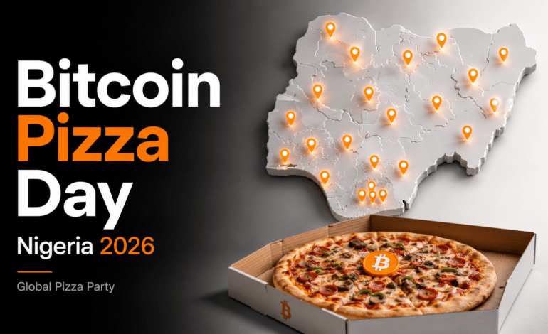 Nigeria Bitcoin Pizza Day 2026 featured image showing pizza, Bitcoin symbol, and Nigeria map with glowing event location pins