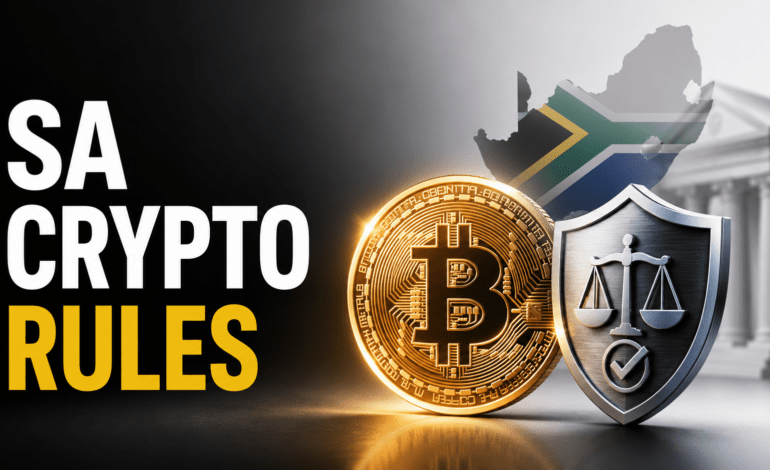 South Africa crypto rules graphic showing a Bitcoin coin, legal shield, and South African flag map after Treasury clarified that holding crypto is not a crime.