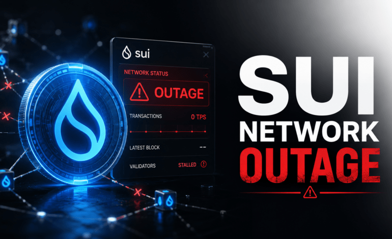 Sui blockchain outage graphic showing stalled network activity and warning alerts