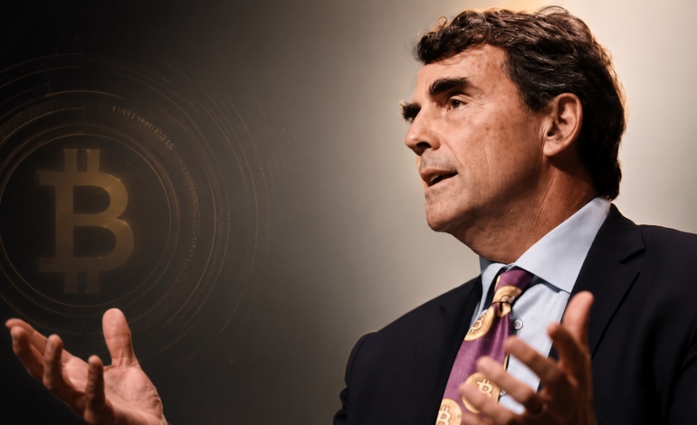 Tim Draper speaking with a subtle Bitcoin symbol background for an article about six months of Bitcoin savings.
