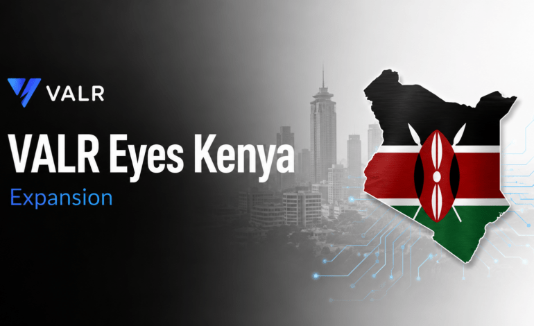 Minimalist VALR Kenya expansion graphic showing the VALR logo, Kenya map, Nairobi skyline, and digital network lines.