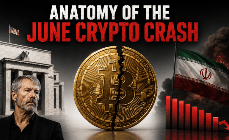 Anatomy of the June crypto crash showing a cracked Bitcoin coin, the Federal Reserve, Iran tensions, Michael Saylor, and falling ETF outflow bars.