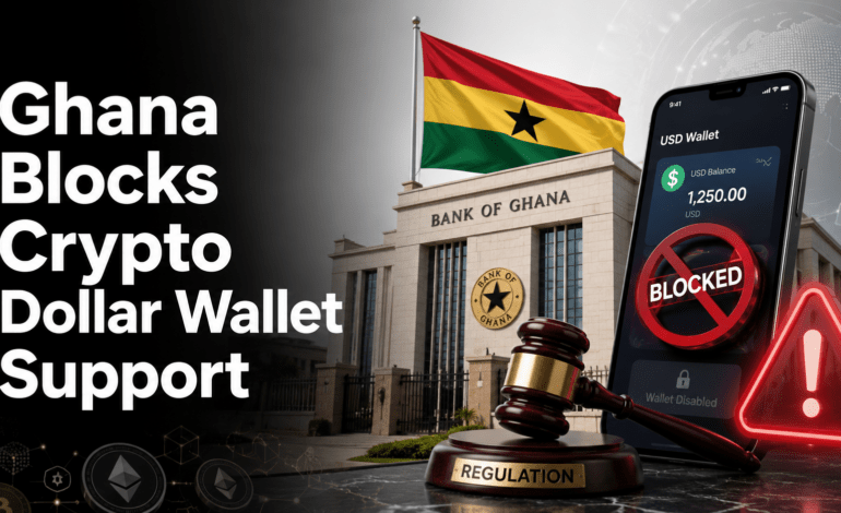 Bank of Ghana building, Ghana flag, crypto wallet phone, gavel, and warning sign showing blocked crypto dollar wallet support.