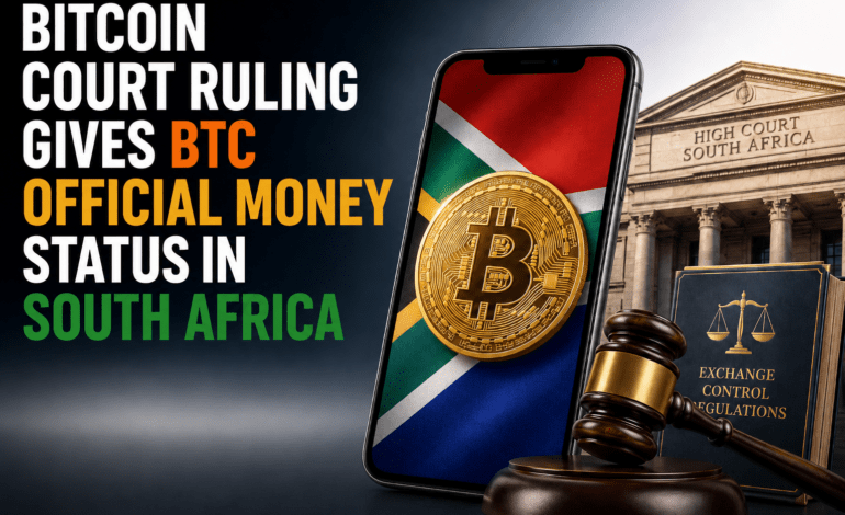 Bitcoin court ruling in South Africa shown with a phone displaying the South African flag, a Bitcoin coin, court building, gavel, and exchange control regulations book.