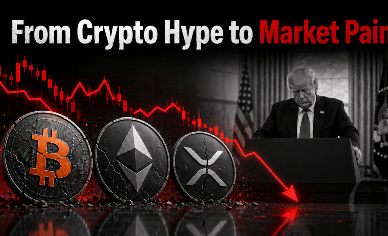 BTC, ETH and XRP coins falling with a red market crash chart as Trump stands in the background