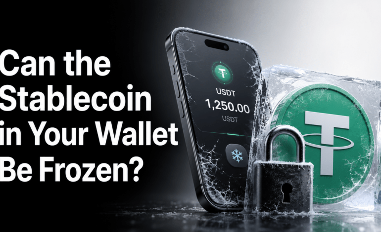 A frozen USDT stablecoin locked beside a crypto wallet, showing how stablecoins in a wallet can be frozen.