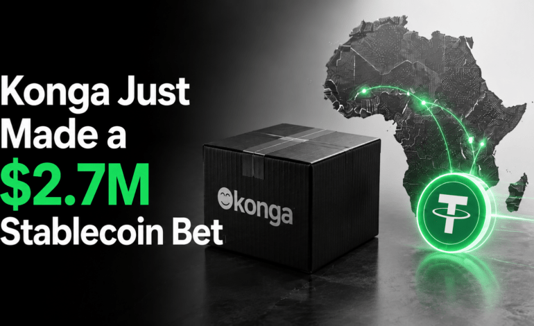 Konga stablecoin investment showing a branded e-commerce box, digital dollar symbol and Africa payment network