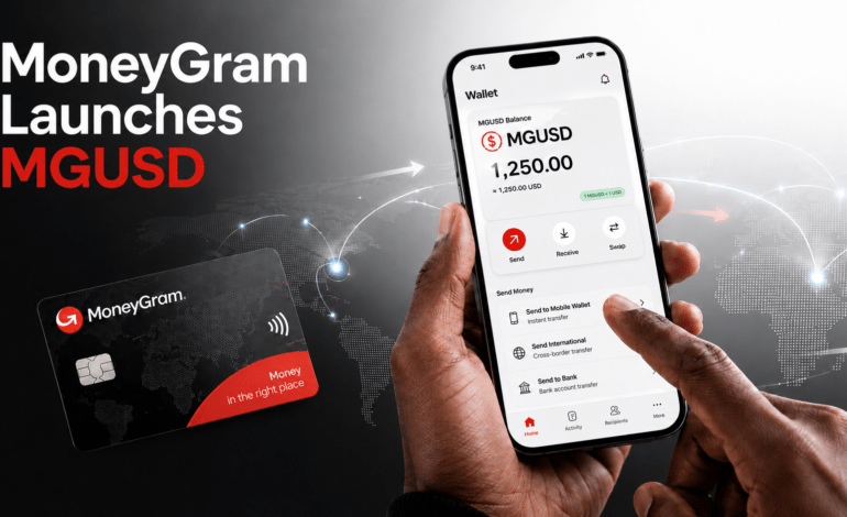 MoneyGram MGUSD stablecoin shown on a digital wallet phone with a MoneyGram card and global transfer network background.