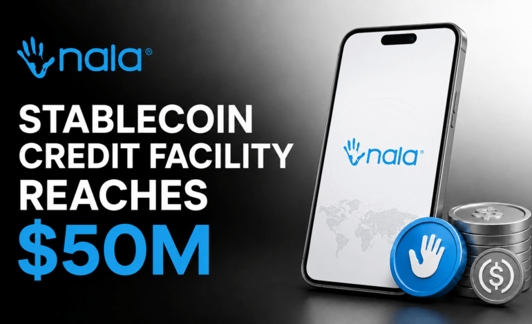 NALA stablecoin credit facility reaches $50M shown with NALA logo, smartphone, digital payment coins, and black to white Blockwisely gradient background.