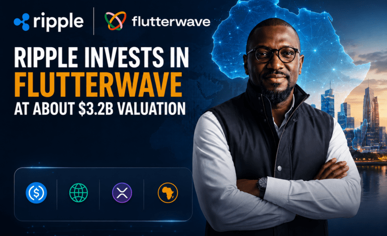 Ripple and Flutterwave announcement graphic showing African digital payments, stablecoin infrastructure, and a $3.2B Flutterwave valuation.