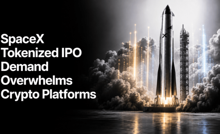 A rocket launch scene representing SpaceX tokenized IPO demand overwhelming crypto platforms.