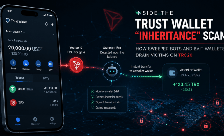 Inside the Trust Wallet “Inheritance” Scam: How Sweeper Bots and Bait Wallets Drain Victims on TRC20