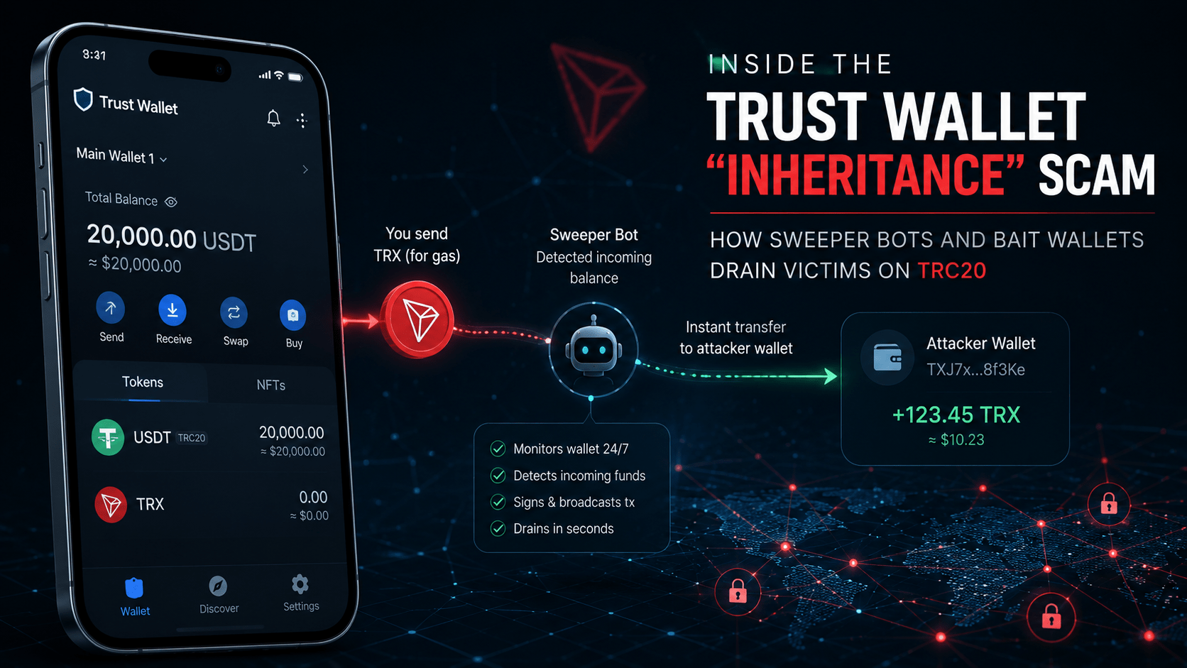 Inside the Trust Wallet “Inheritance” Scam: How Sweeper Bots and Bait Wallets Drain Victims on TRC20