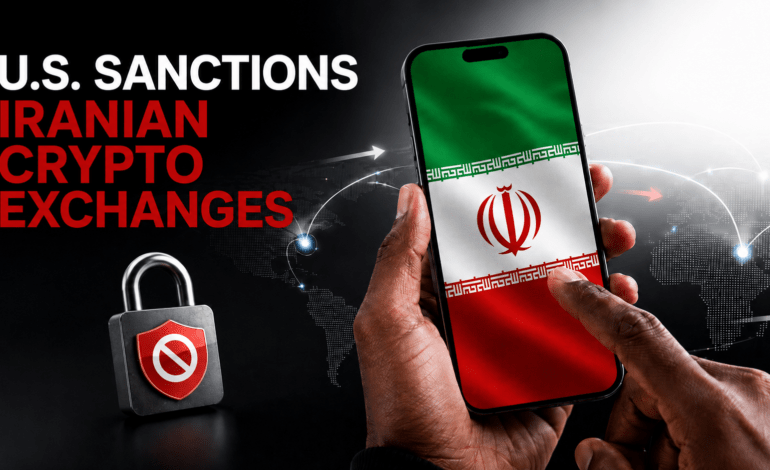 U.S. sanctions Iranian crypto exchanges shown with a phone displaying the Iran flag, a sanctions padlock, and global crypto transfer lines on a black to white gradient background.
