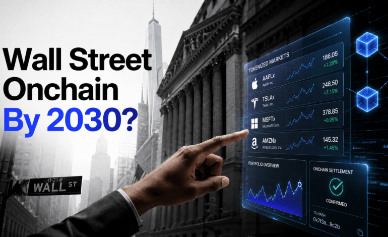 Wall Street onchain by 2030 concept showing tokenized markets, blockchain settlement, and a digital finance dashboard.