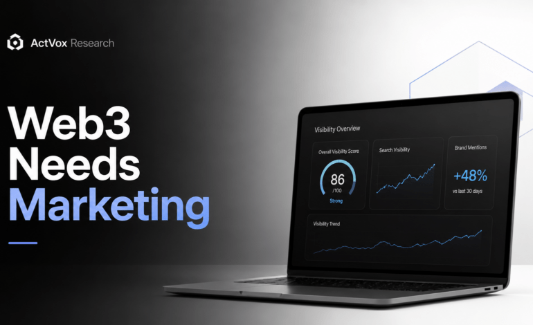 Web3 startup marketing illustration featuring ActVox Research and a visibility analytics dashboard