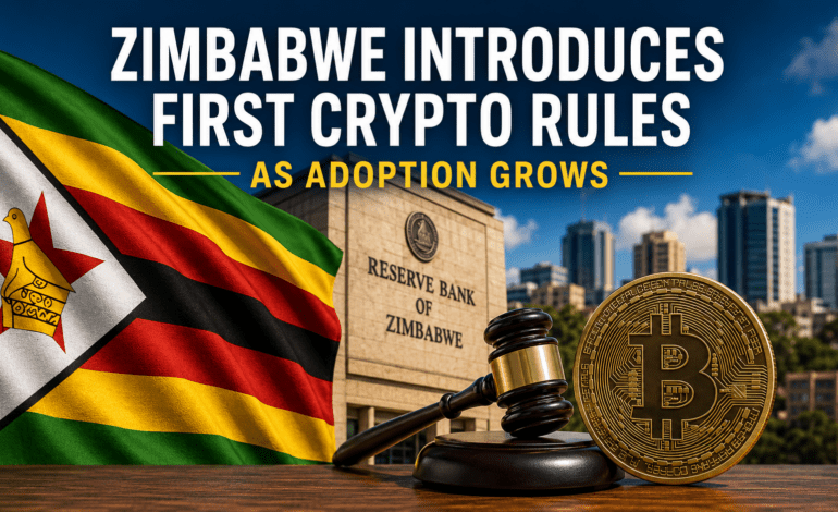 Zimbabwe flag, Reserve Bank building, gavel, and Bitcoin coin showing new crypto regulation in Zimbabwe.
