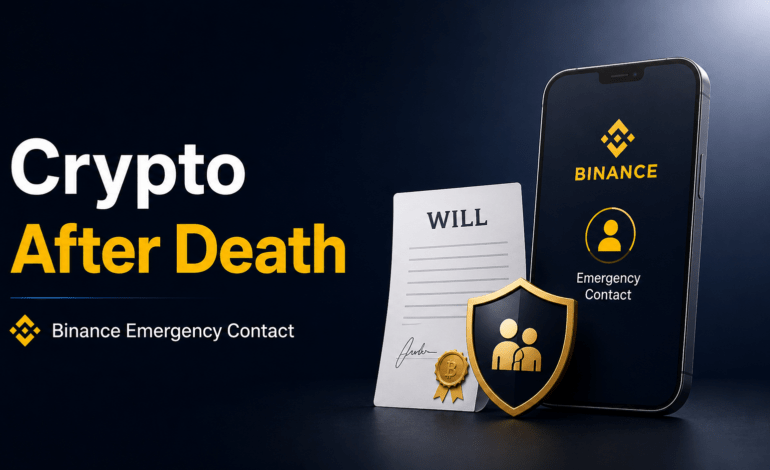 Crypto inheritance featured image showing a will, Binance Emergency Contact and family asset protection.