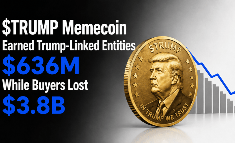 Gold $TRUMP memecoin beside a falling chart showing $636 million earned and $3.8 billion in buyer losses